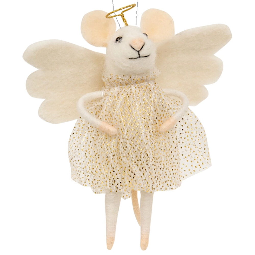 Angel Mouse Ornament - Wool White Mouse with Wings Halo Sparkle Dress Christmas