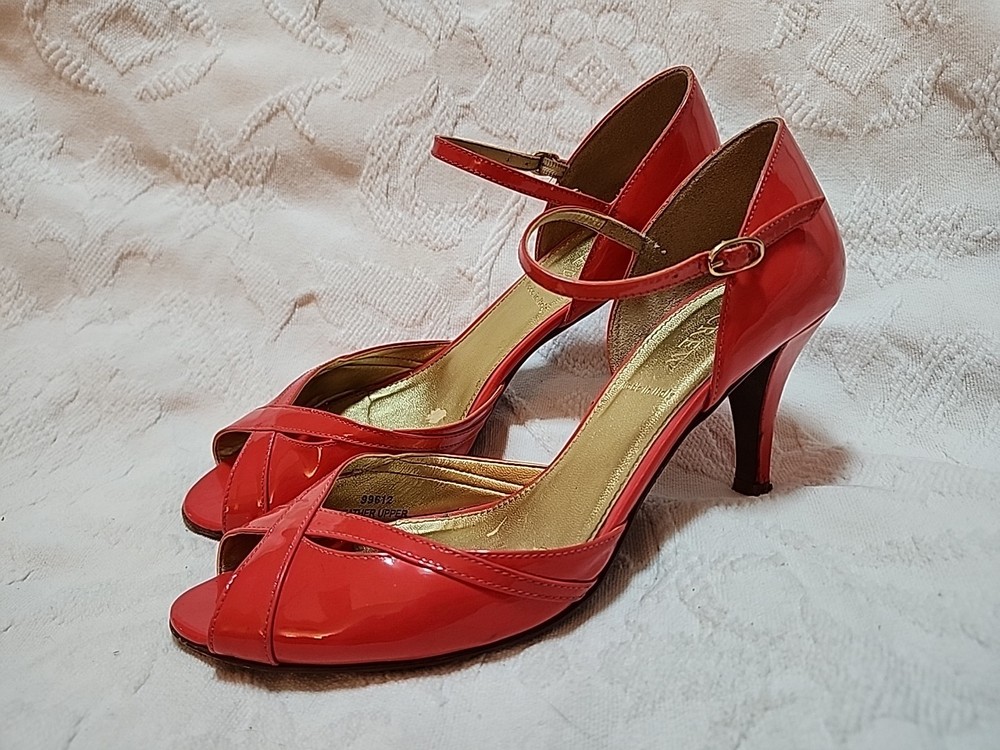 J. Crew Coral Pink/Orange Patent Strappy Stiletto Heels Made In Italy Size 8M