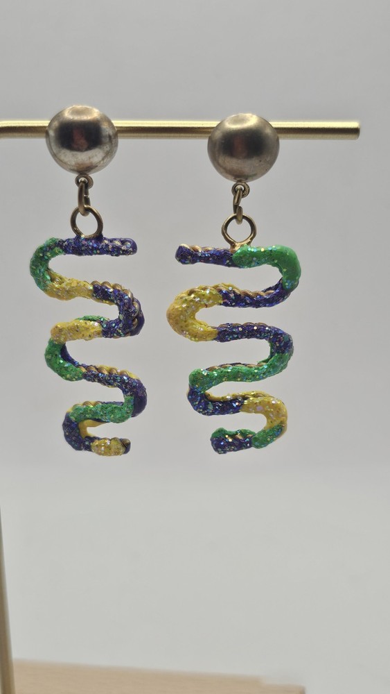 Vintage Wavy Mardi Gras Earrings in Rare Purple Yellow Green