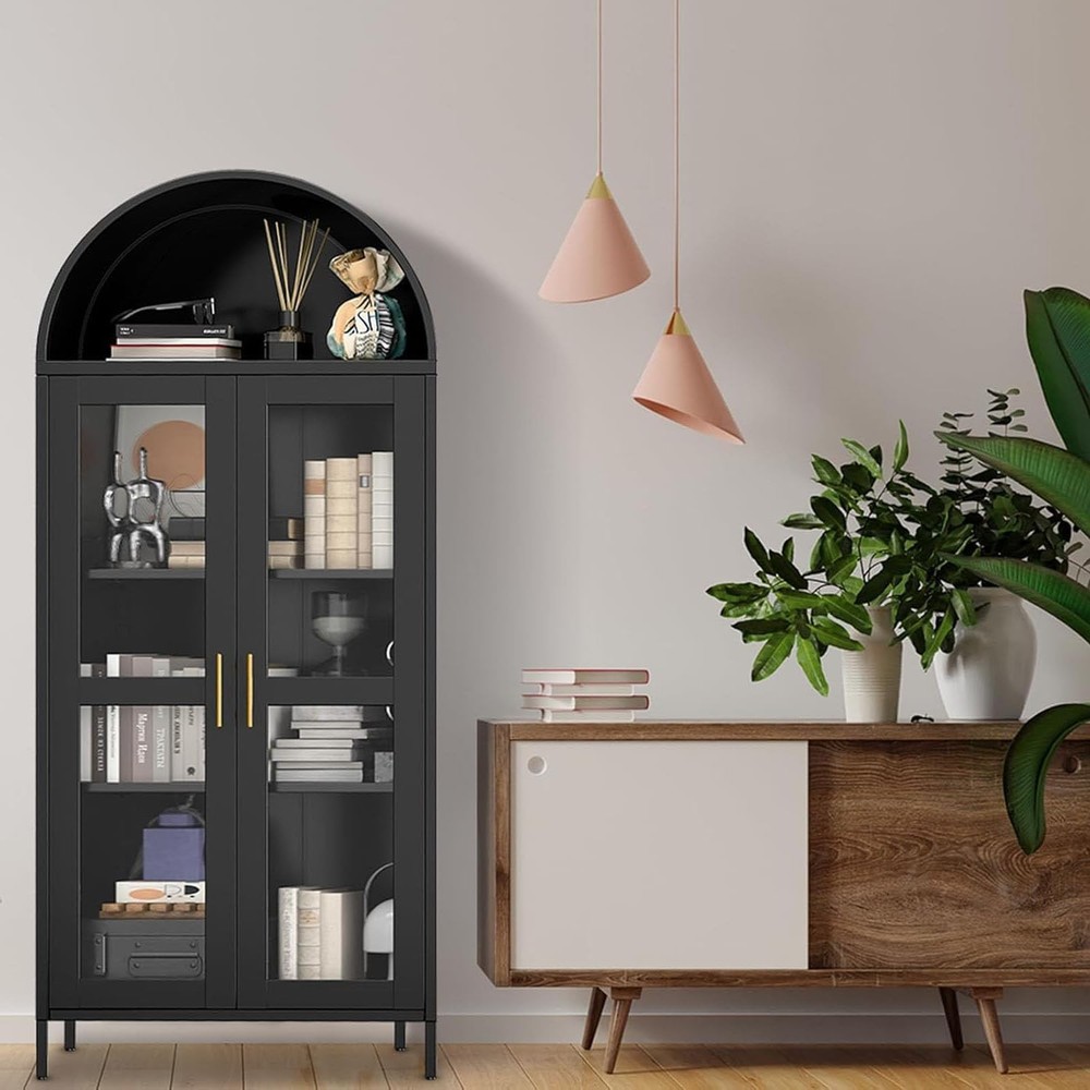 73 Inch Modern Farmhouse Arched Storage Cabinet with Metal Frame and Glass Doors