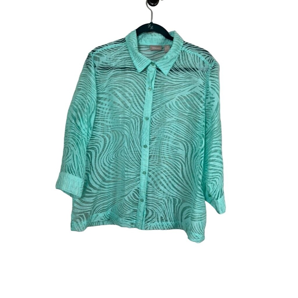 Chicos Top Women XL Green Collar Sheer Button Wave Pattern Animal Print Tropical