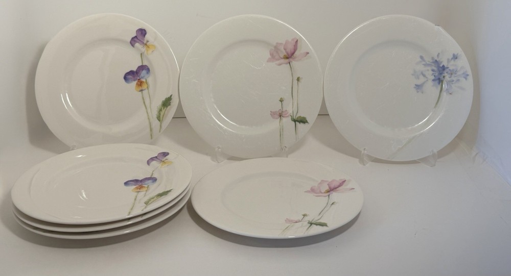 Crate & Barrel Flower Plates Set of 7 Watercolor Floral Ceramic Dinner Plates