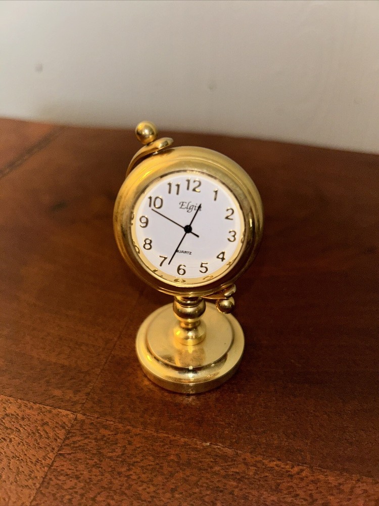 Vintage Elgin Gold Tone Globe Mini Clock-Battery Quartz Analog