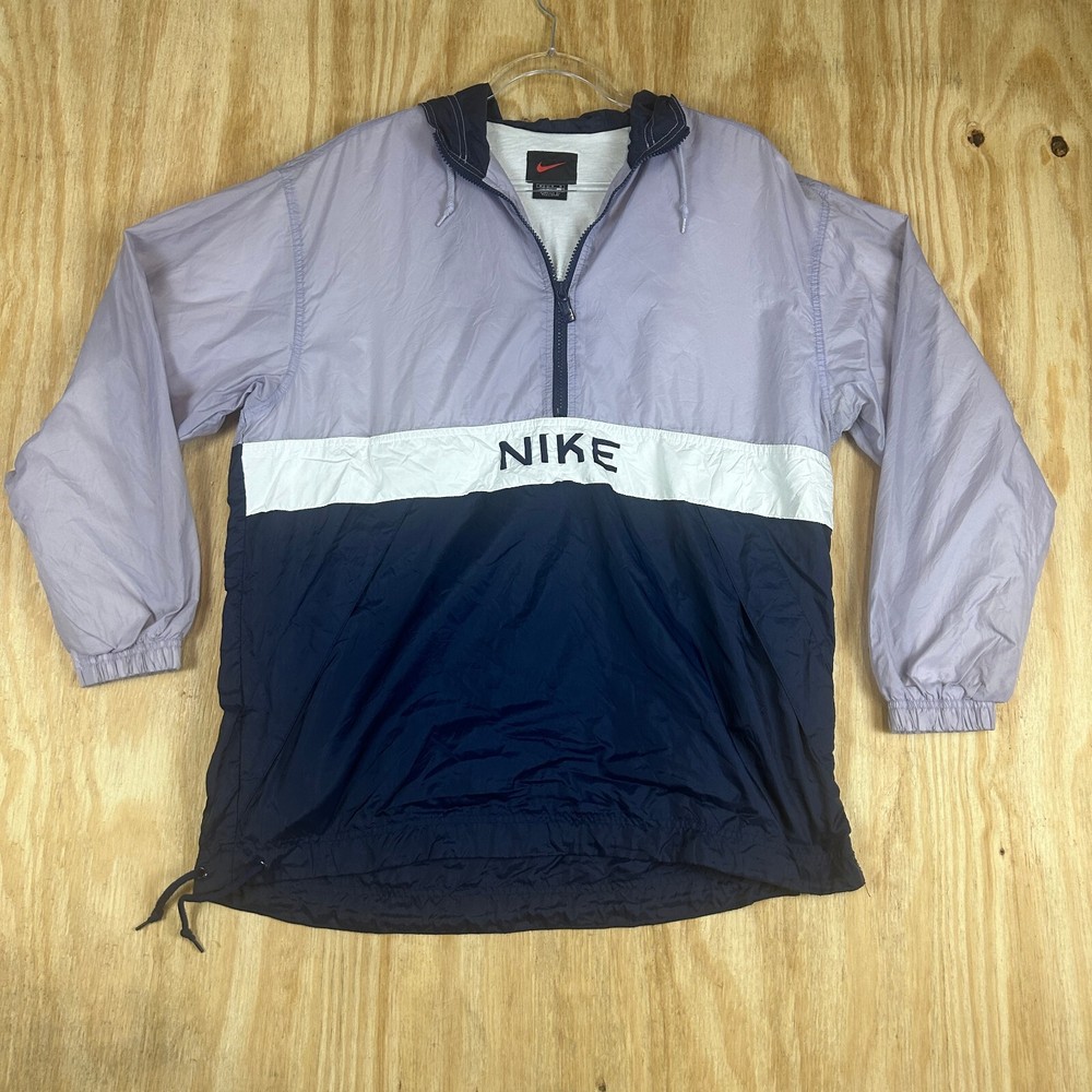 Nike Anorak Spell Out Windbreaker Jacket Hooded Quarter-Zip Blue Size M Vintage