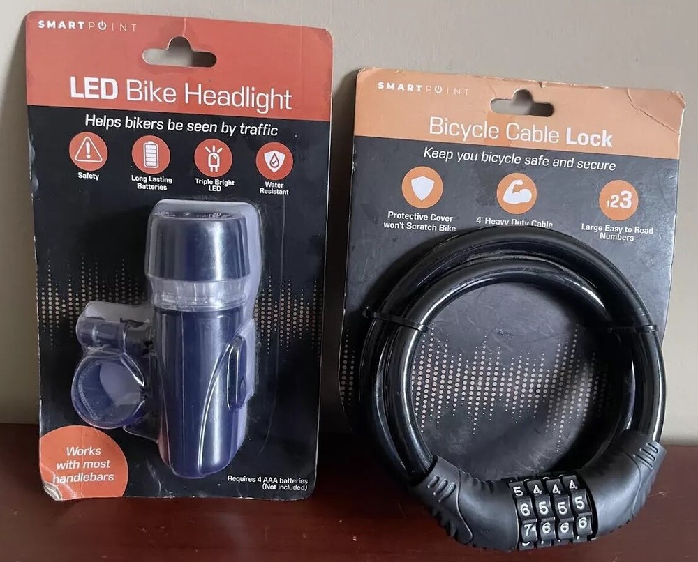 SMART POINT LOT BLACK COMPACT LED BIKE HEADLIGHT & BIKE CABLE LOCK SECURITY