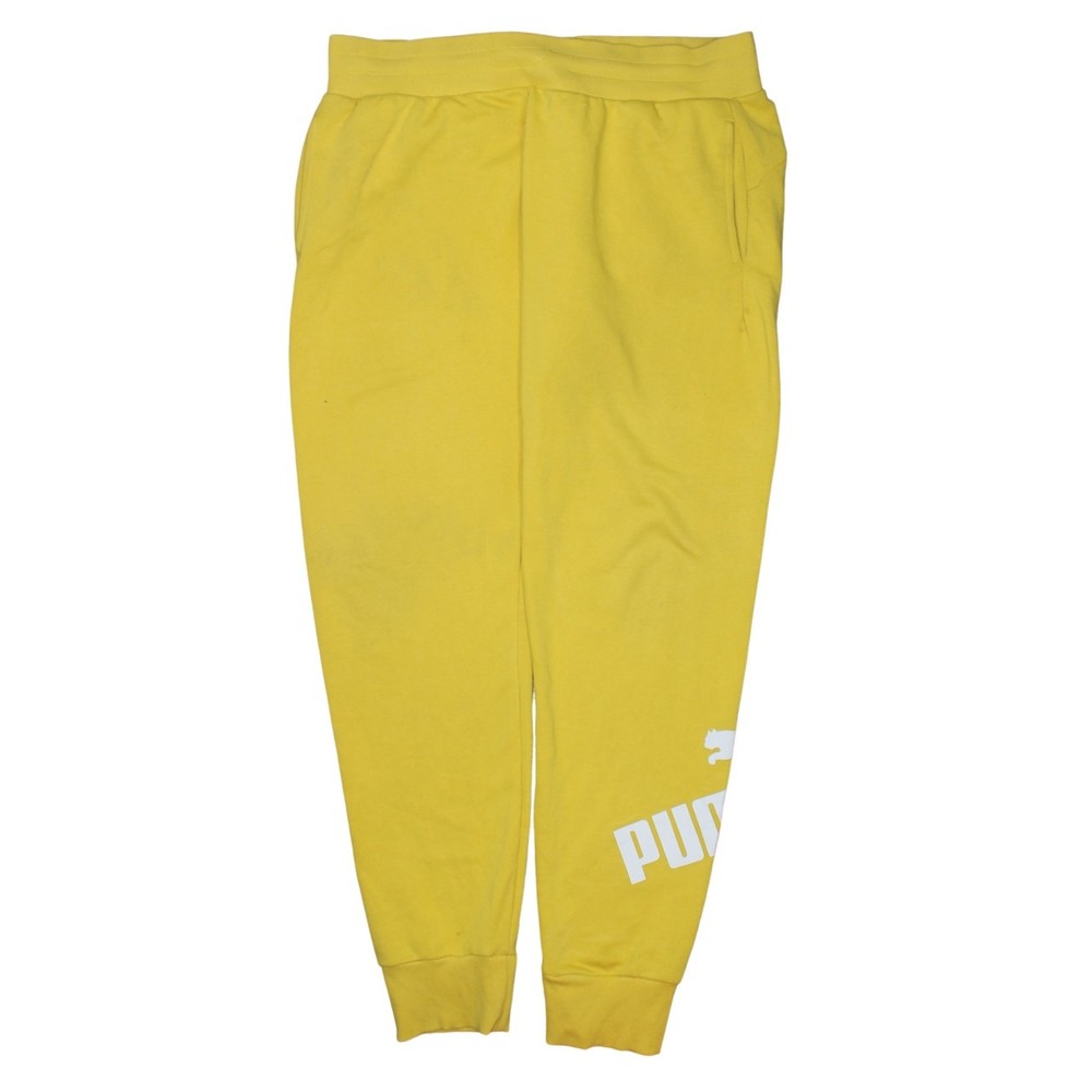 Puma Mens Joggers Yellow Elastic Waist Fleece Cuffed Track Pants Printed Logo L