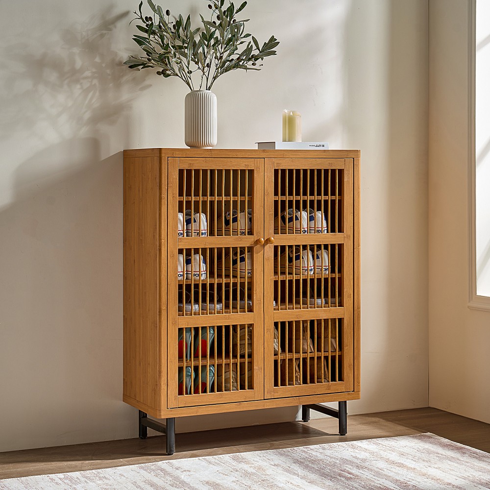 6 Tier Natural Shoe Cabinet Adjustable Shelves Wooden Entryway Organizer