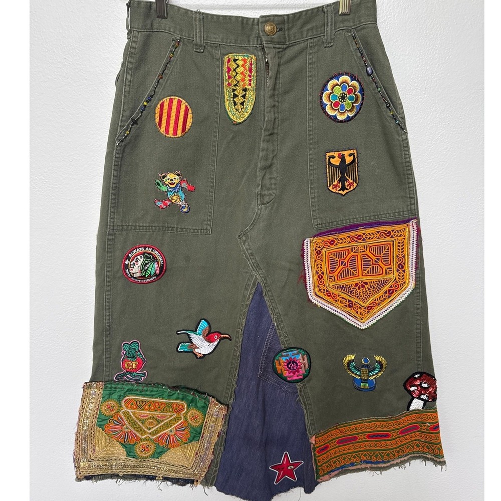 Linne by Gunda Japanese Denim Army Green Midi Skirt with Mickey Embellishment Women 30 Inch