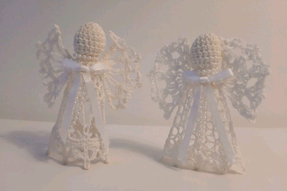 vtg Crochet Startched Lace Angels Set • Handmade Holiday Décor Ornaments