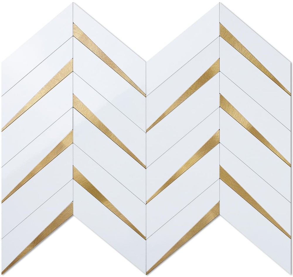 1 Polished White Herringbone Peel and Stick Backsplash for Kitchen, PVC Mixed...