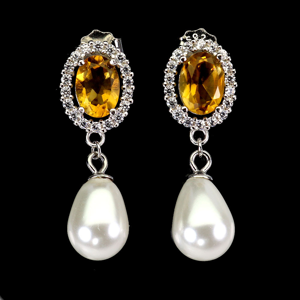 925 Sterling Silver Oval Citrine Mother of Pearl Gemstone Earrings
