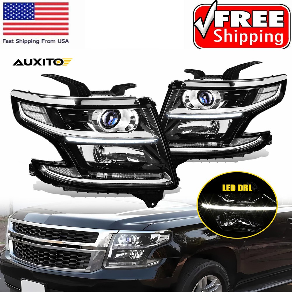For 2015 16-2020 Chevy Tahoe Suburban Black Housing Left+ Headlights Right Pair