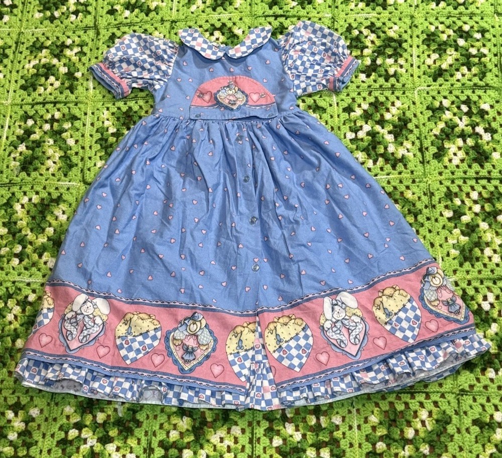 Vintage Handmade Daisy Kingdom Dress teddy bear bunny cat Print Easter Boho