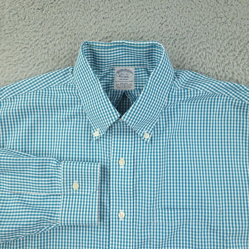 Brooks Brothers Shirt Mens 16.5 33 Blue Gingham Regent Non Iron Supima Cotton