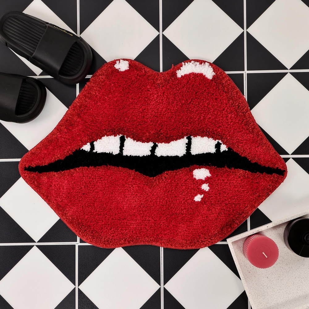 Red Lips Shaped Plush Bathroom Rug Non-Slip Absorbent Shower Mat for Bathtub