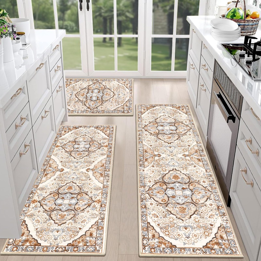 HEBE Farmhouse Kitchen Rugs Sets of 3 Non Slip Washable Boho Kitchen Rugs and...