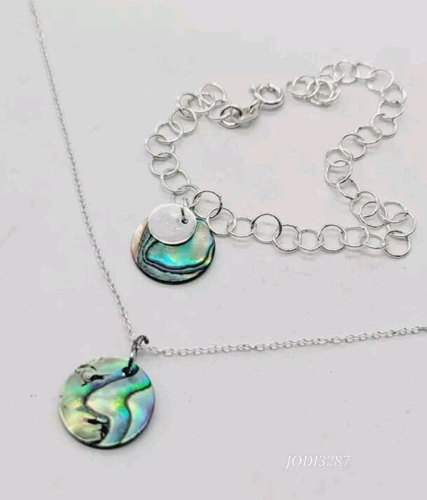 Sterling Silver 925 Abalone Necklace Bracelet SET 2 PC