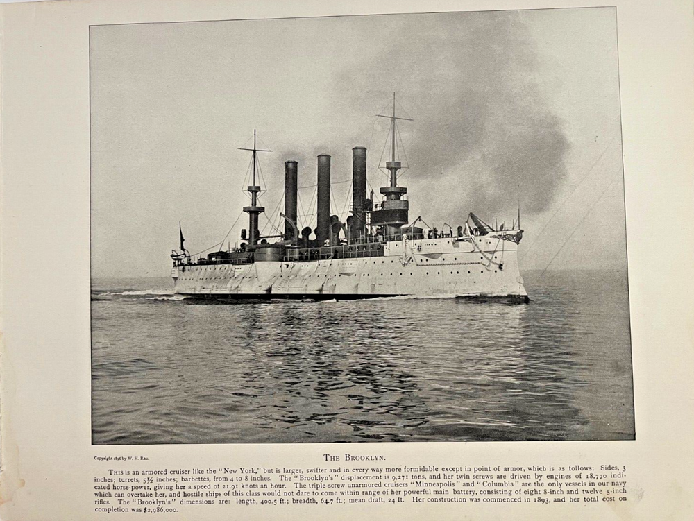 1898 Vintage Illustration Armored Cruiser Brooklyn Spanish American War