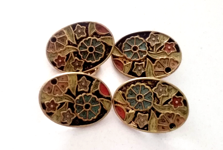 Antique floral enamel cufflinks with chain-link double-faced design  