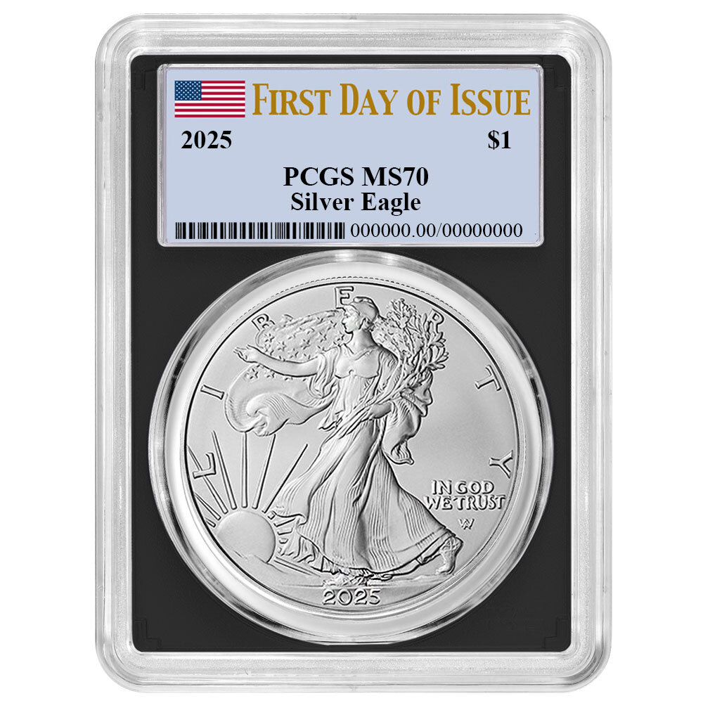 2025 $1 American Silver Eagle PCGS MS70 FDOI Flag Label Black Frame