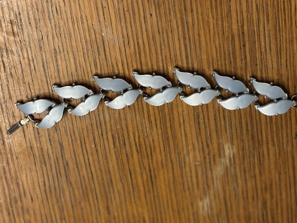 Vintage Opalescent Blue Bracelet Leaf Motif Silver Tone