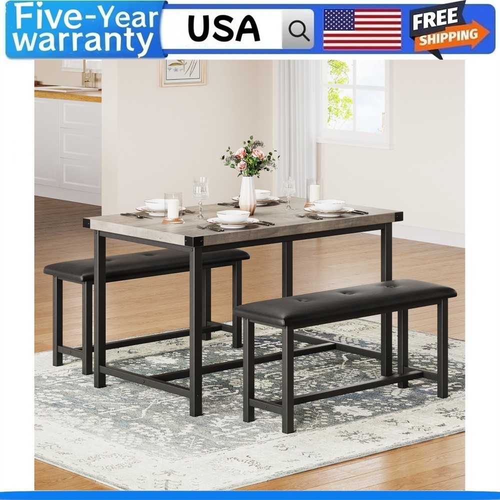 4-Piece Kitchen Dining Set with Table & 2 Upholstered Benches