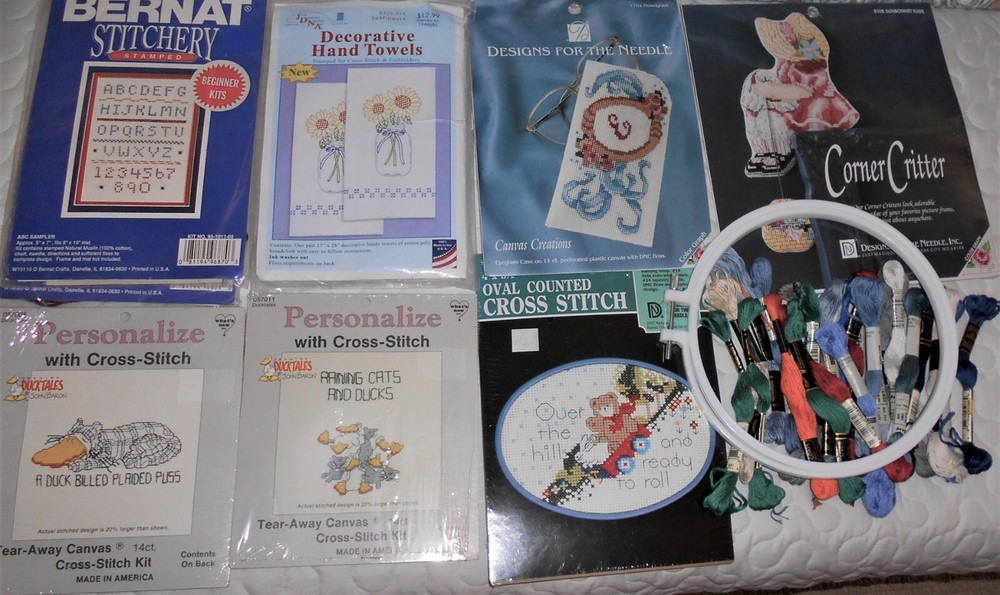 Bulk Lot Embroidery Supplies & Kits Stamped, Cross Stitch, Floss, Hoop, NIP Kits
