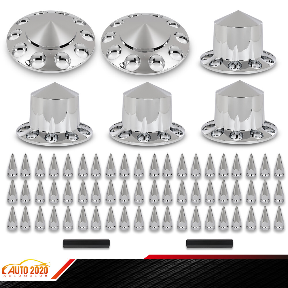 Chrome 33mm Semi Truck Wheel Axle Cover Kit Spiked Front & Rear Hub Covers