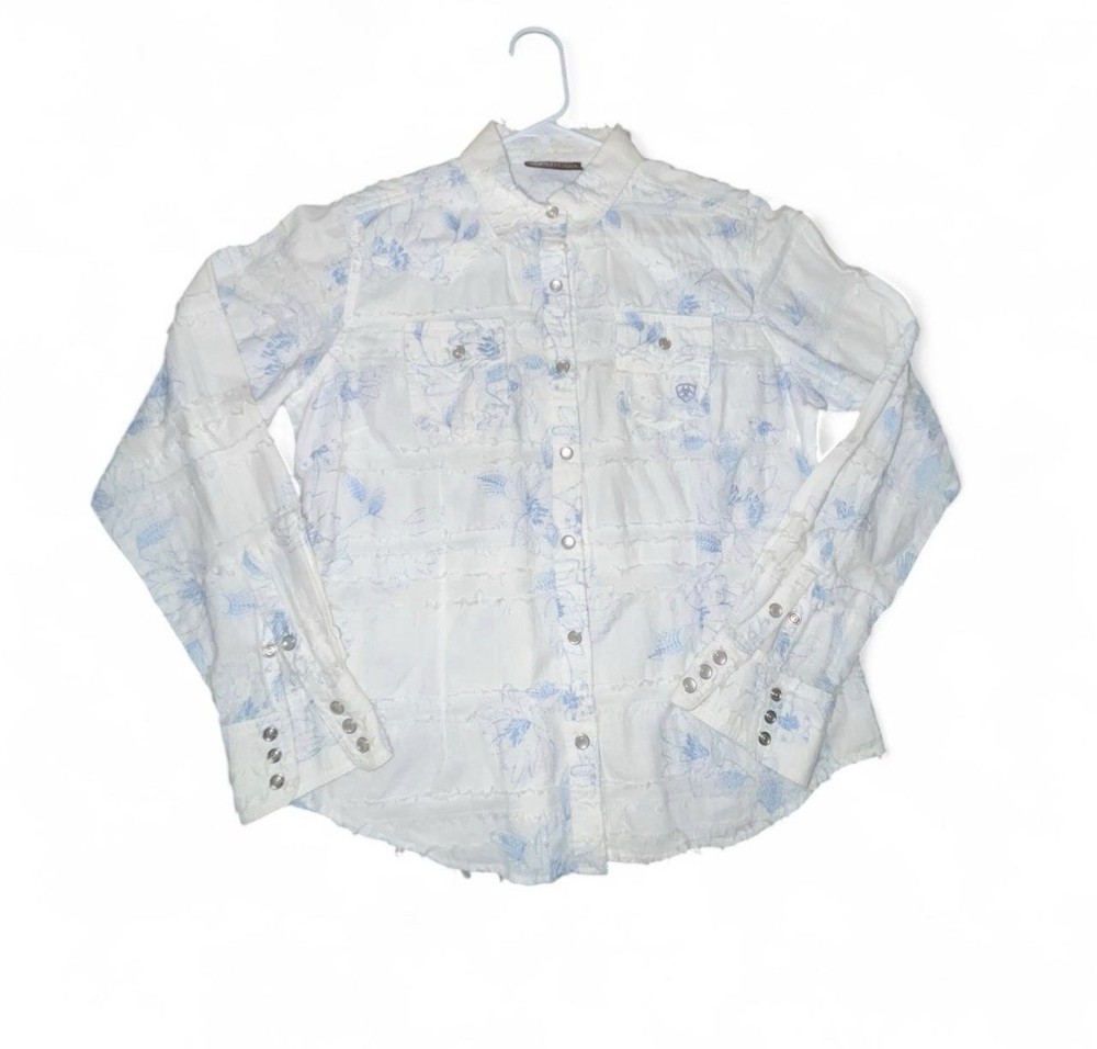 Ariat Floral Western Shirt Women White Blue M/L Cowgirl Rodeo