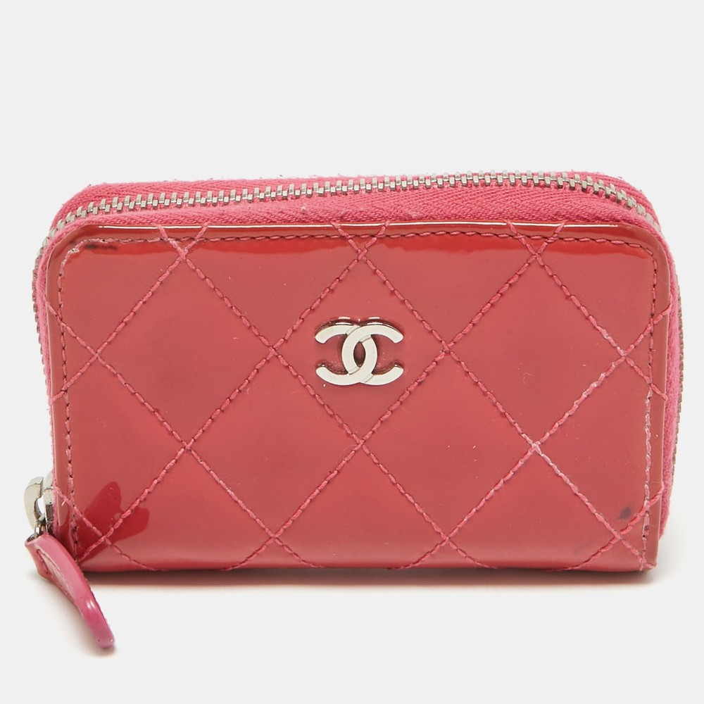 Chanel Pink Quilted Patent Leather CC Zip Coin Purse Wallet  