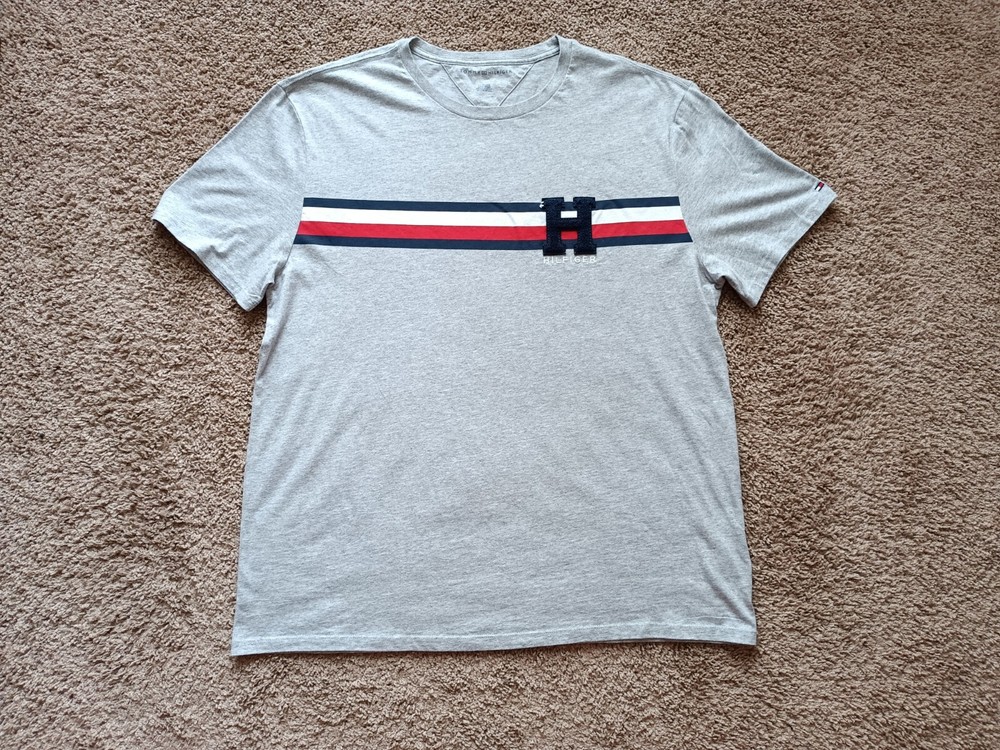 Tommy Hilfiger T-Shirt Men's XL Stripe Embroidered Gray Short Sleeve
