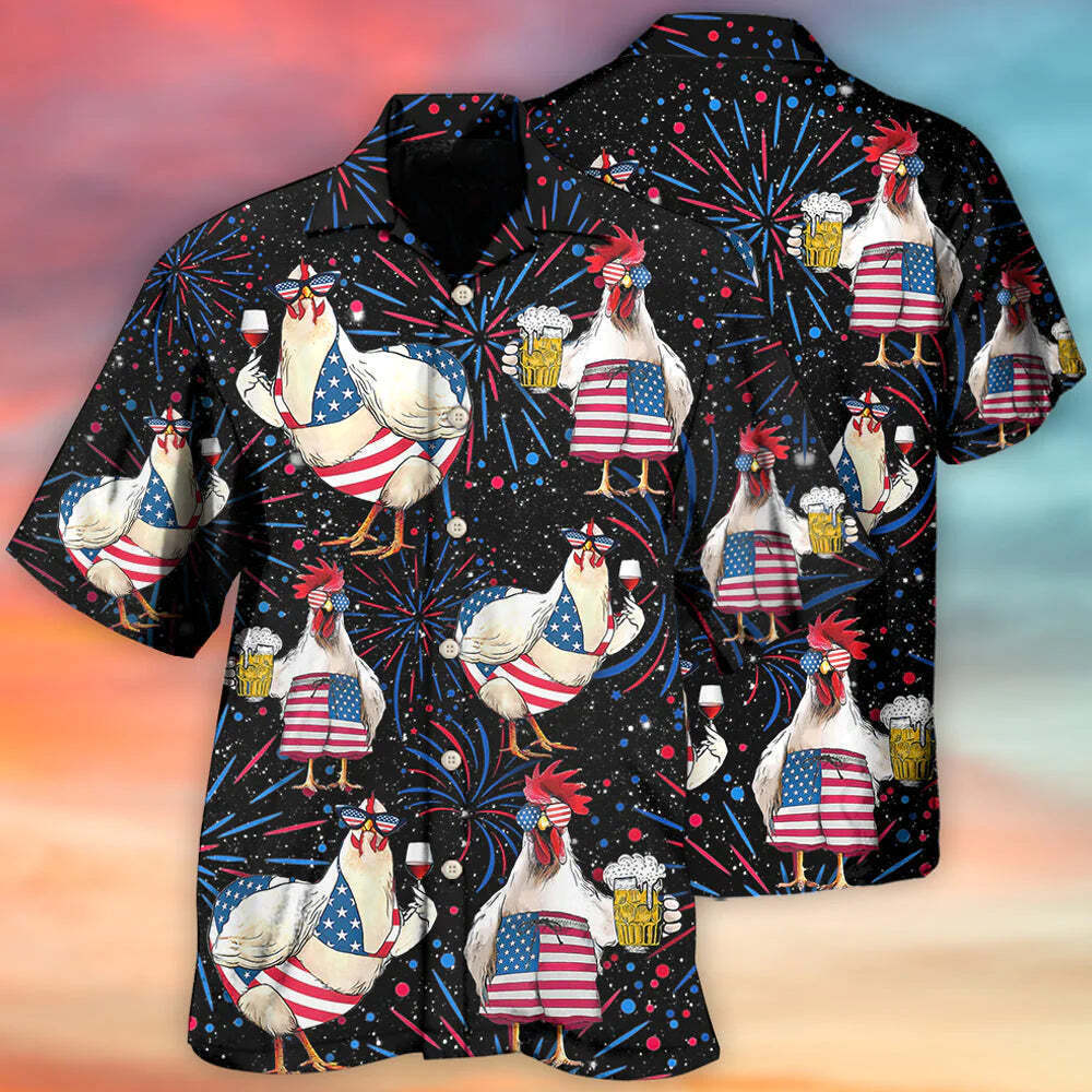 Cool 3D All-Printed Independence Day Chickens Beer Hawaiian Shirt for Patriotic Style