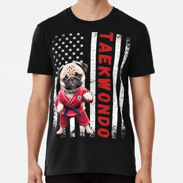 Taekwondo USA Flag Pug Dog Red Uniform Tee Great Gift Idea Premium T-Shirt S-5XL