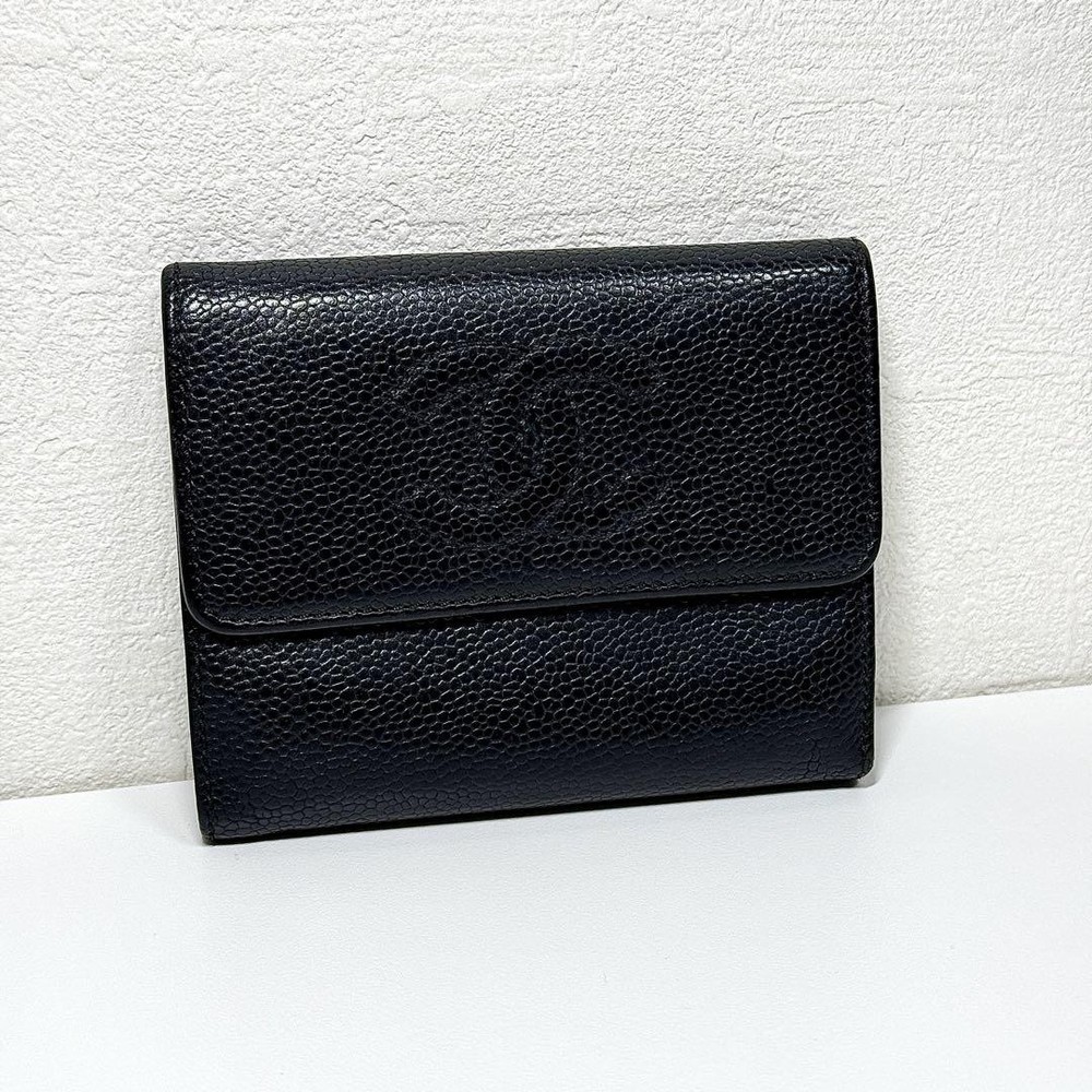 Vintage Chanel Caviar Leather Tri-Fold Wallet Black Coco Logo