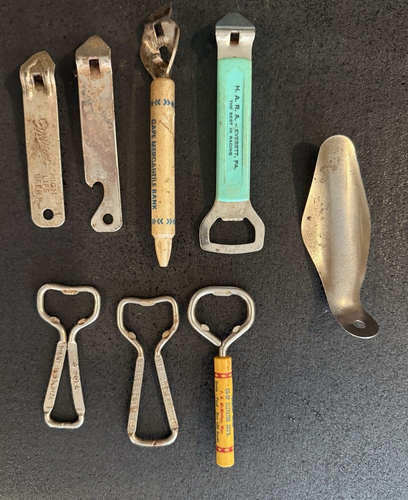 Assortment of Vintage Bottle and Can Opener with Advertising Lot of 7