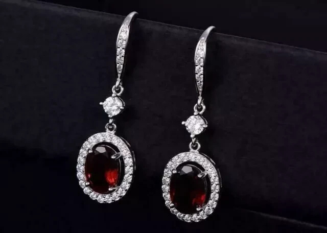 3Ct Oval Cut Lab Created Red Garnet Drop/Dangle Earrings 14K White Gold Plated