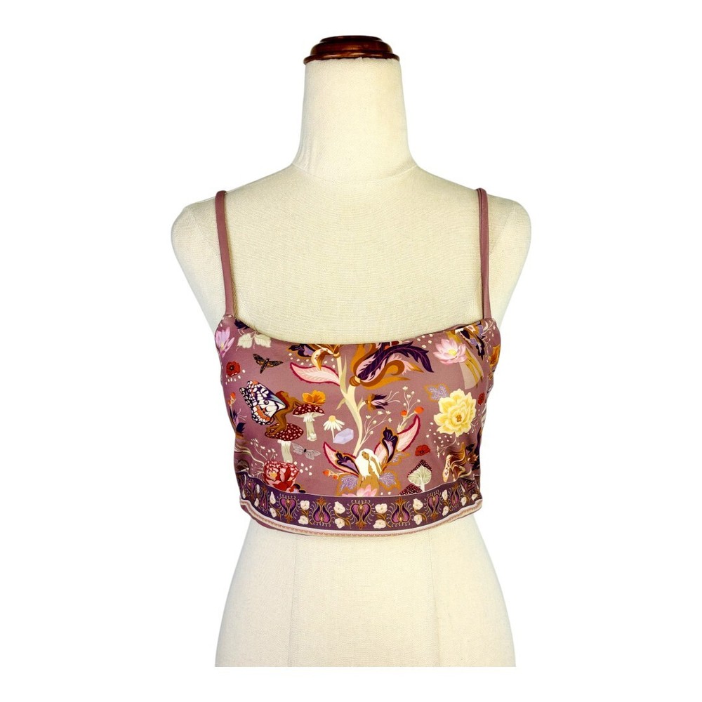 NWT Chasing Rivers Purple Crop Top Floral Print Sleeveless Straight Neck Size M