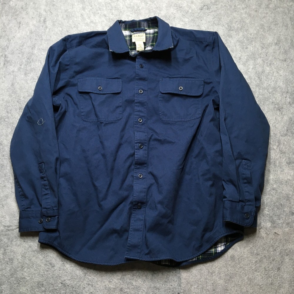 LL Bean Mens Large Dark Blue Flannel-Lined Canvas Button-Up Shacket