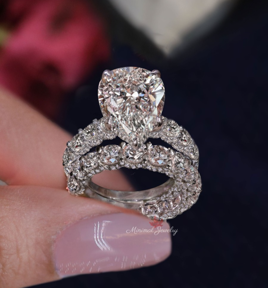 6.5 CT Pear Moissanite Engagement Set Solitaire Bridal  Ring 14k White Gold