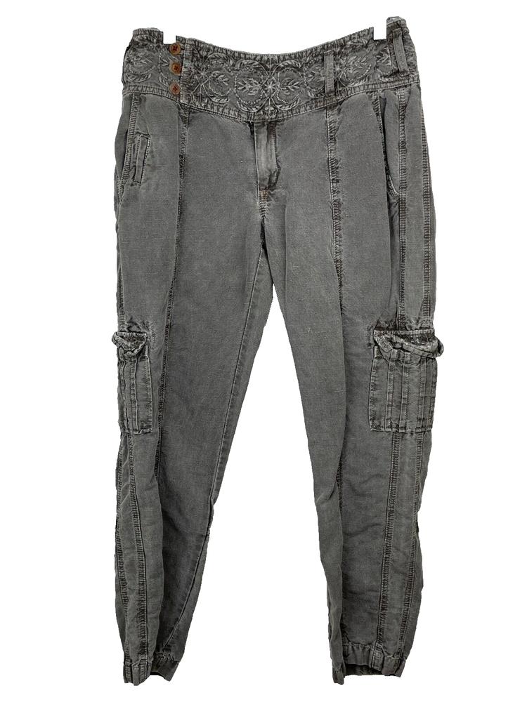 Sundance More Than Cargo Pants Womens 8P Gray Embroidered Linen Cotton $134
