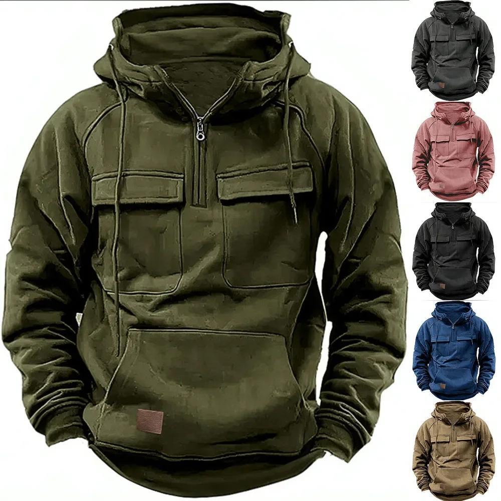 Half Zipper Men's Tactical Hoodies Solid Warm Fleece Military Sweatshirts
