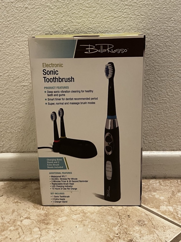 Bella Russo Sonic Toothbrush with Charging Base and 2 Extra Heads New In Box