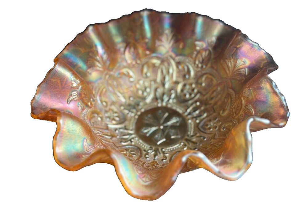 c. 1910 GARDEN PATH VAR Dugan LT PEACH OPAL / SODA GOLD Ext. 10” W Ruffled Bowl