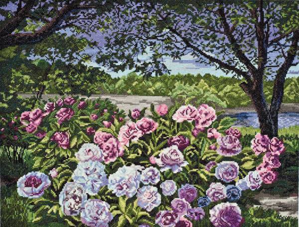 Cross stitch kit - Garden peonies 47,5x36,5cm White Aida 14ct needlepoint kit