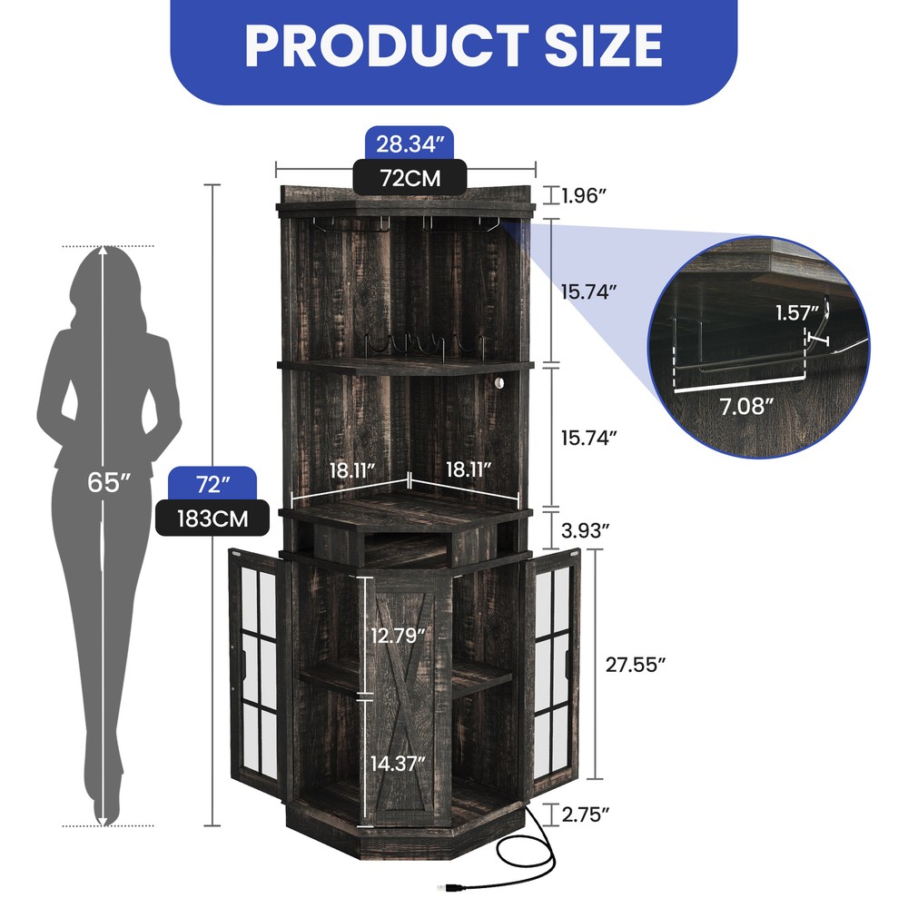 72-Inch Corner Bar Cabinet with LED Lights Glass Door Liquor & Wine Storage