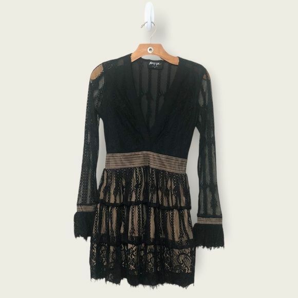Nasty Gal Black Lace Ruffled Boho Long Sleeve Belted Dress Size S