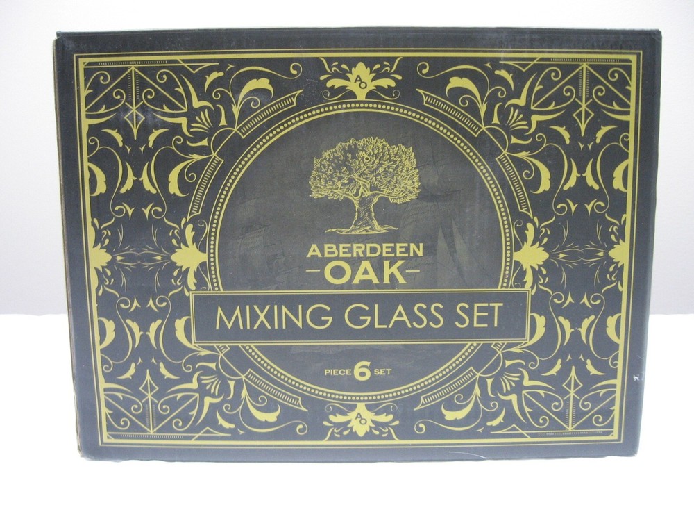 Aberdeen Oak 6-Piece Bar Set with Mixing Glasses, Ice Molds, Strainer, and Spoon