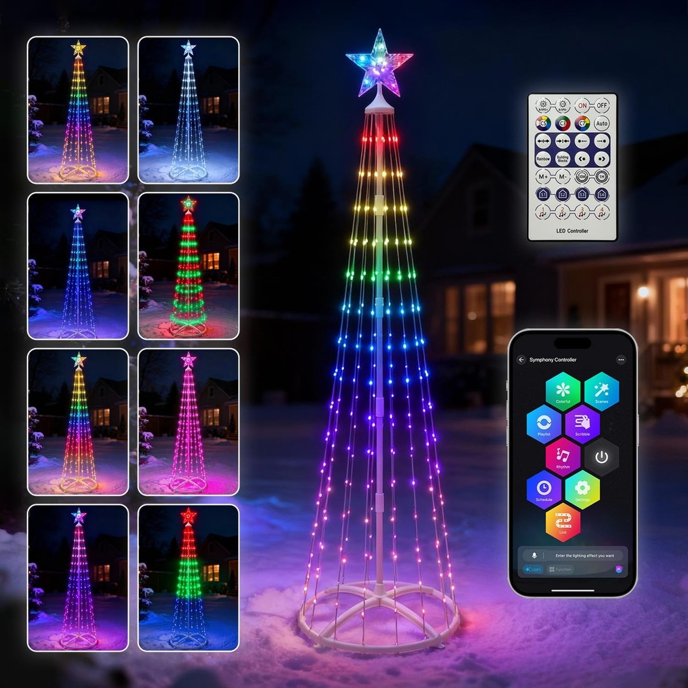 6FT Christmas Tree Outdoor Decorations, Prelit 250 LEDs Color Changing Cone C...