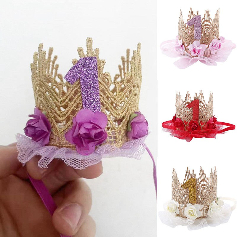 Pink Gold Rose Princess Happy Crown Birthday Party Hat Lace Mesh Crown