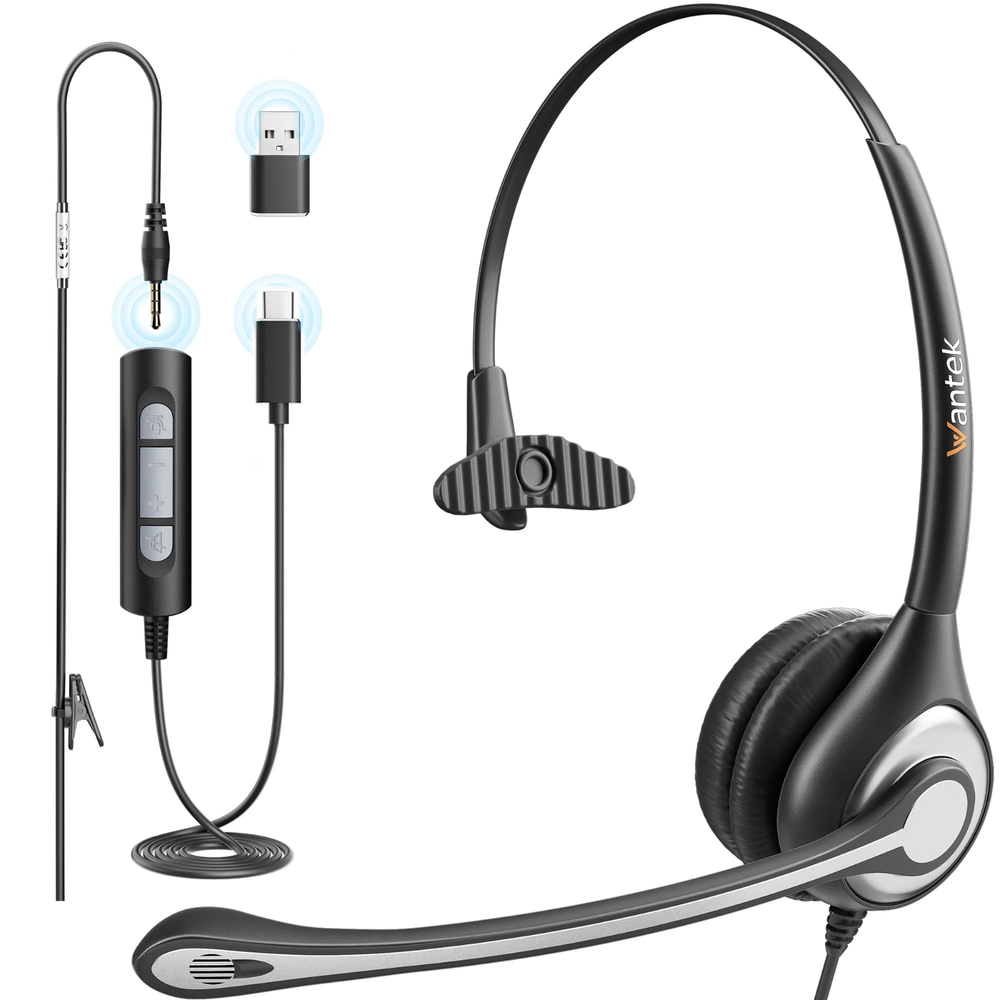 Wantek USB Headset with Microphone for PC Computer Headset, Single Ear Headset